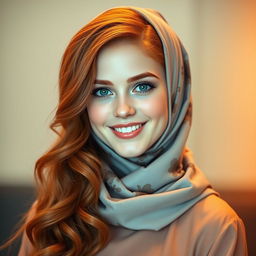 A stunning portrait of a young woman with long, wavy red hair, wearing a stylish hijab