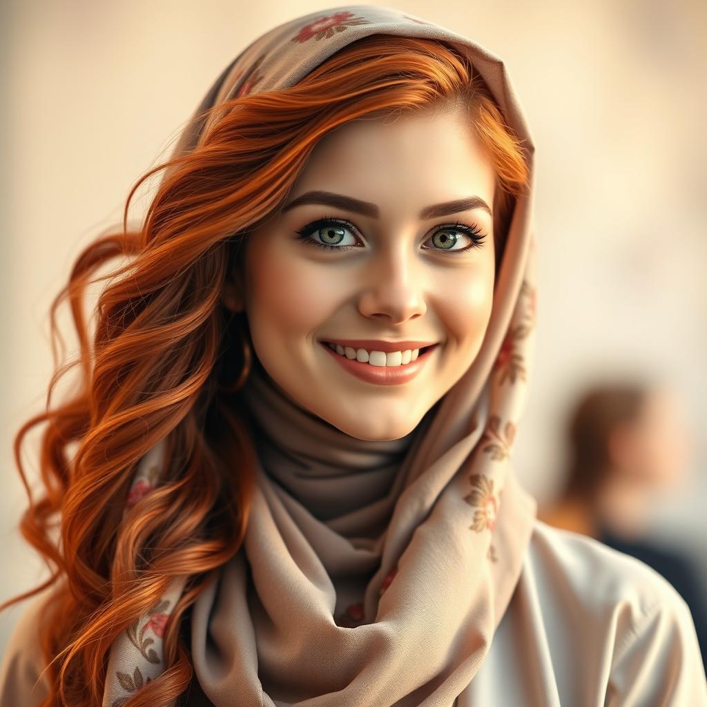 A stunning portrait of a young woman with long, wavy red hair, wearing a stylish hijab