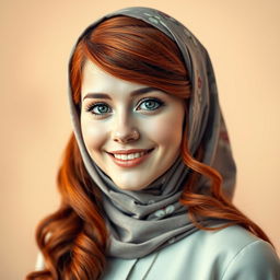 A stunning portrait of a young woman with long, wavy red hair, wearing a stylish hijab