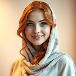 A stunning portrait of a young woman with long, wavy red hair, wearing a stylish hijab