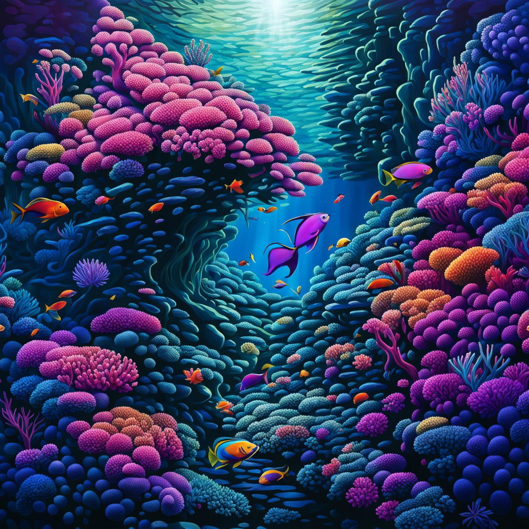 A high-quality digital art image depicting a vibrant underwater paradise