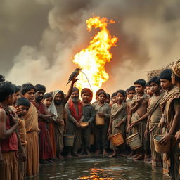 A scene capturing villagers gathered together, watching a small bird pouring water onto a fire
