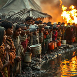 A scene capturing villagers gathered together, watching a small bird pouring water onto a fire