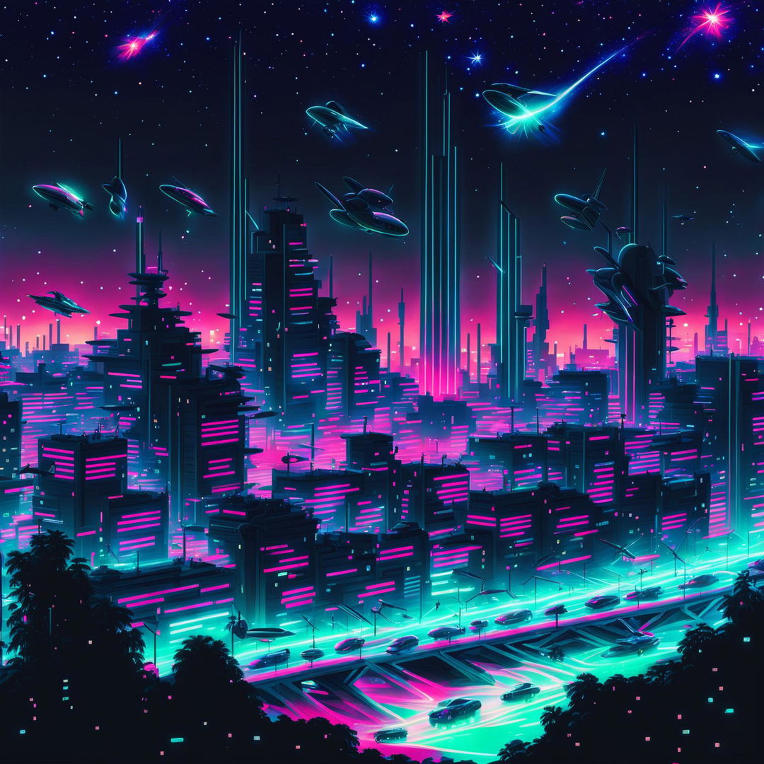 A high-quality digital art image depicting a bustling futuristic cityscape