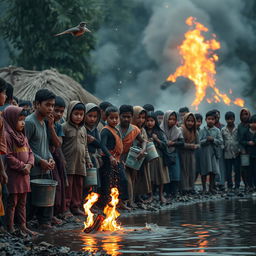 A scene capturing villagers gathered together, watching a small bird pouring water onto a fire