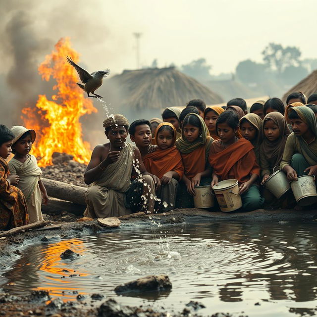 A scene capturing villagers gathered together, watching a small bird pouring water onto a fire