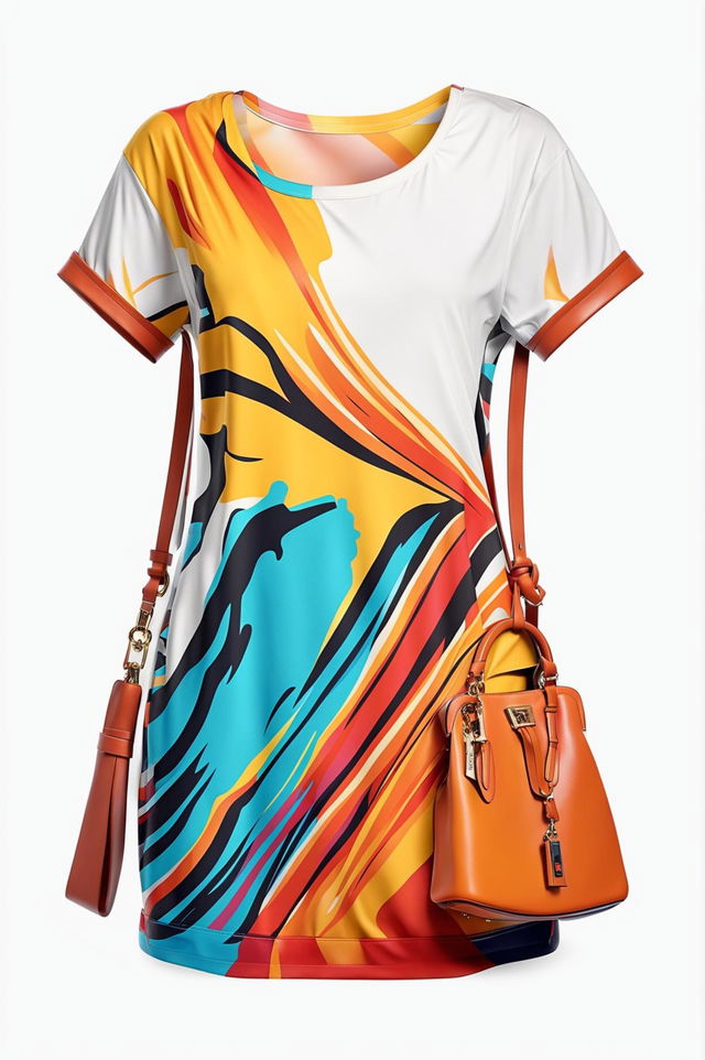 A high-quality digital art image of a graphic t-shirt dress and a handbag