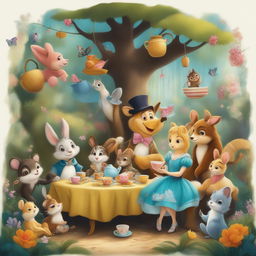 A vibrant digital art image depicting a whimsical tea party in a magical garden, filled with talking animals and eccentric characters