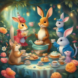 A vibrant digital art image depicting a whimsical tea party in a magical garden, filled with talking animals and eccentric characters