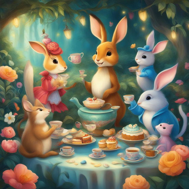 A vibrant digital art image depicting a whimsical tea party in a magical garden, filled with talking animals and eccentric characters