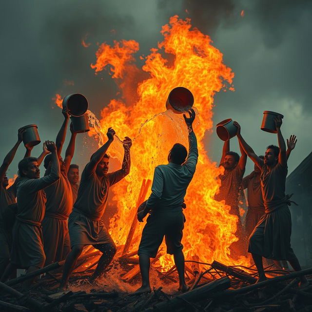 A dynamic scene depicting a group of villagers working together to extinguish a large fire