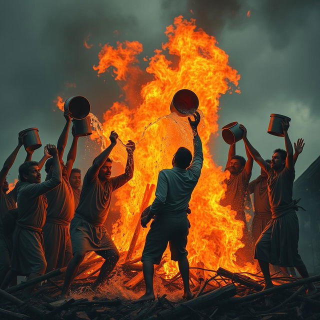 A dynamic scene depicting a group of villagers working together to extinguish a large fire