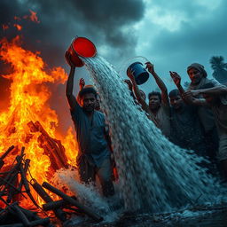 A dynamic scene depicting a group of villagers working together to extinguish a large fire