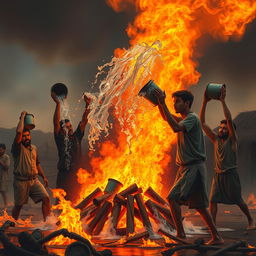 A dynamic scene depicting a group of villagers working together to extinguish a large fire