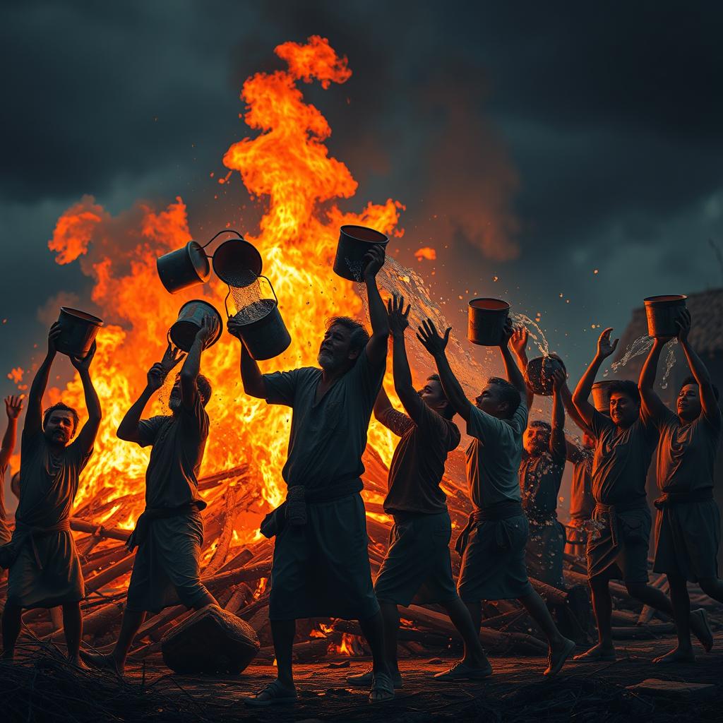 A dynamic scene depicting a group of villagers working together to extinguish a large fire