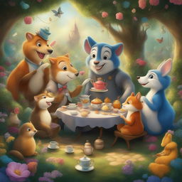 A vibrant digital art image depicting a whimsical tea party in a magical garden, filled with talking animals and eccentric characters