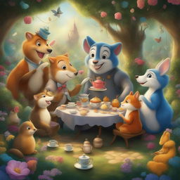 A vibrant digital art image depicting a whimsical tea party in a magical garden, filled with talking animals and eccentric characters