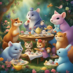 A vibrant digital art image depicting a whimsical tea party in a magical garden, filled with talking animals and eccentric characters