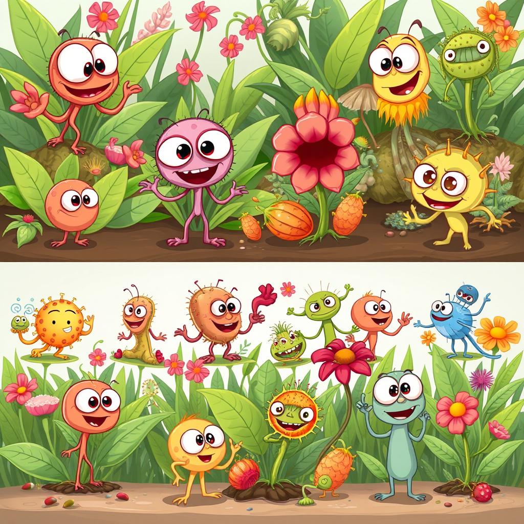 A series of cartoon images depicting various plant pathogens characterized in a playful and educational manner