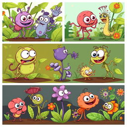 A series of cartoon images depicting various plant pathogens characterized in a playful and educational manner