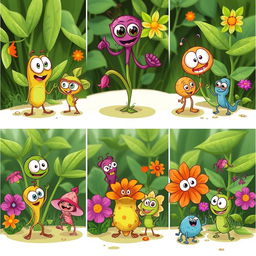 A series of cartoon images depicting various plant pathogens characterized in a playful and educational manner