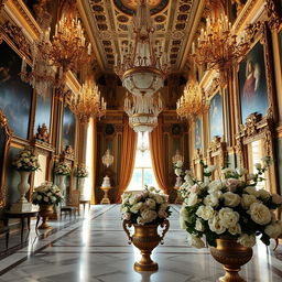 An interior view of the opulent halls of Versailles, showcasing the grand architecture, intricate detailing, and luxurious decor