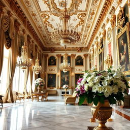 An interior view of the opulent halls of Versailles, showcasing the grand architecture, intricate detailing, and luxurious decor