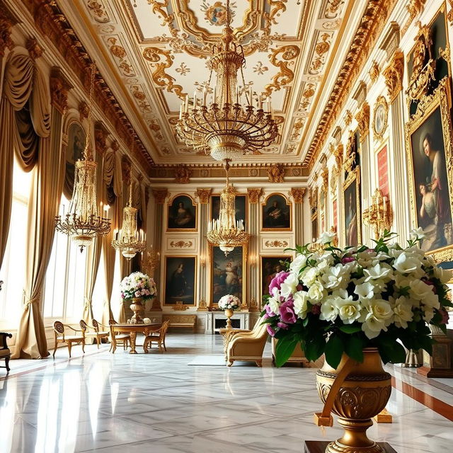 An interior view of the opulent halls of Versailles, showcasing the grand architecture, intricate detailing, and luxurious decor