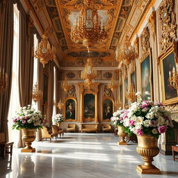 An interior view of the opulent halls of Versailles, showcasing the grand architecture, intricate detailing, and luxurious decor