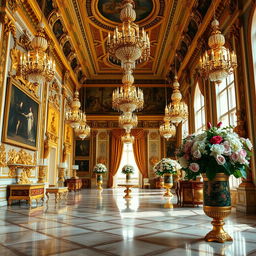 An interior view of the opulent halls of Versailles, showcasing the grand architecture, intricate detailing, and luxurious decor