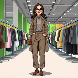 A large and beautiful cartoon model wearing loose basic pants, a long coat, and a high-collared blouse