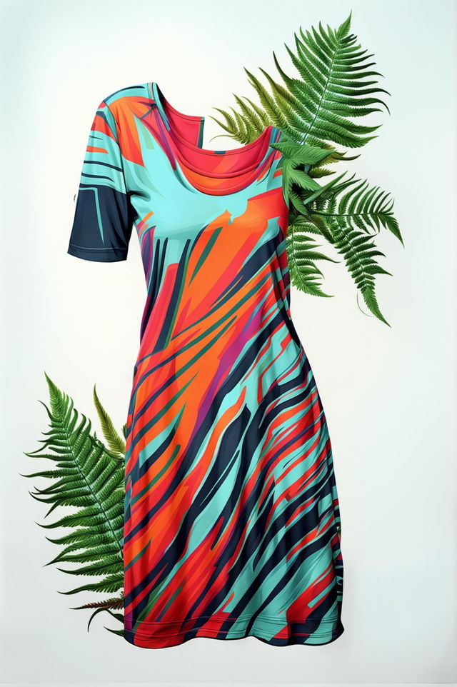 A high-quality digital art image depicting a graphic t-shirt dress with an abstract, vibrant design, and a lush, detailed fern