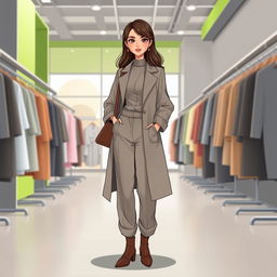 A large and beautiful cartoon model wearing loose basic pants, a long coat, and a high-collared blouse