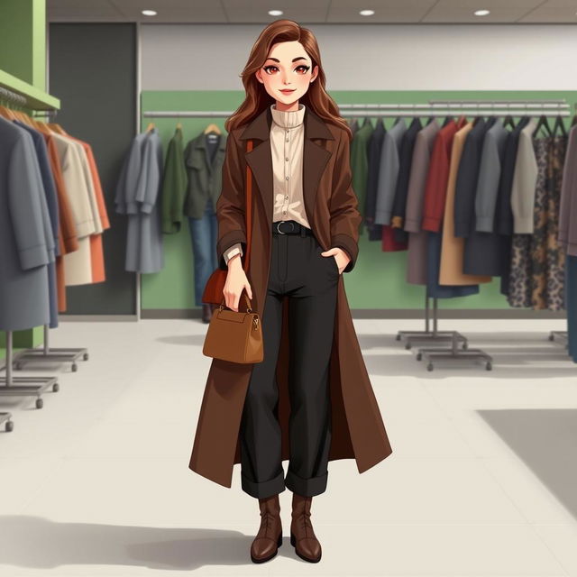 A large and beautiful cartoon model wearing loose basic pants, a long coat, and a high-collared blouse