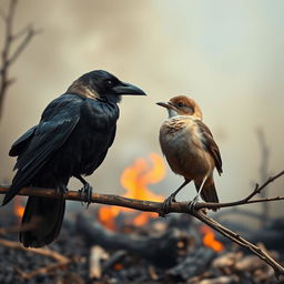 A captivating scene featuring a crow perched on a branch, engaging in conversation with a small bird perched nearby