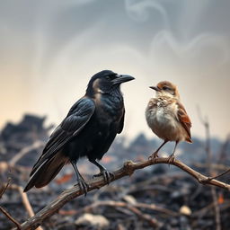 A captivating scene featuring a crow perched on a branch, engaging in conversation with a small bird perched nearby