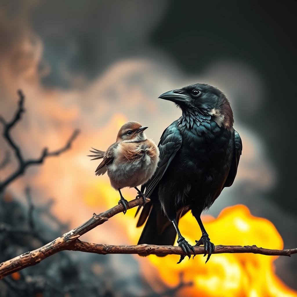 A captivating scene featuring a crow perched on a branch, engaging in conversation with a small bird perched nearby