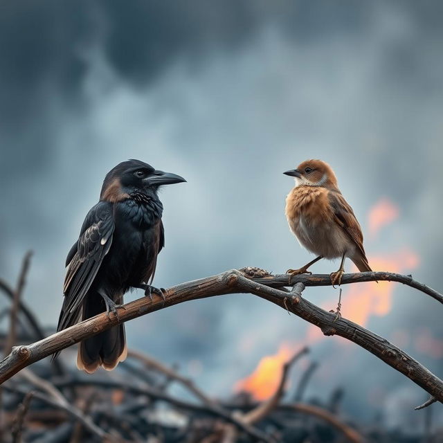 A captivating scene featuring a crow perched on a branch, engaging in conversation with a small bird perched nearby