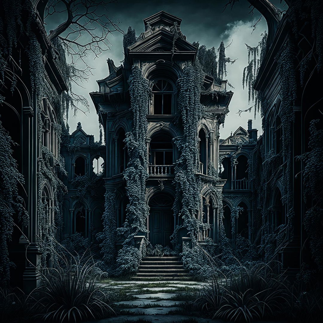 A digital art image of a hauntingly beautiful abandoned mansion, its walls overtaken by creeping vines