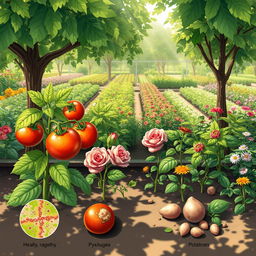 A detailed and educational illustration of various plant pathogens affecting different types of plants in a garden setting