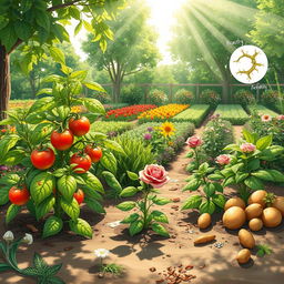 A detailed and educational illustration of various plant pathogens affecting different types of plants in a garden setting