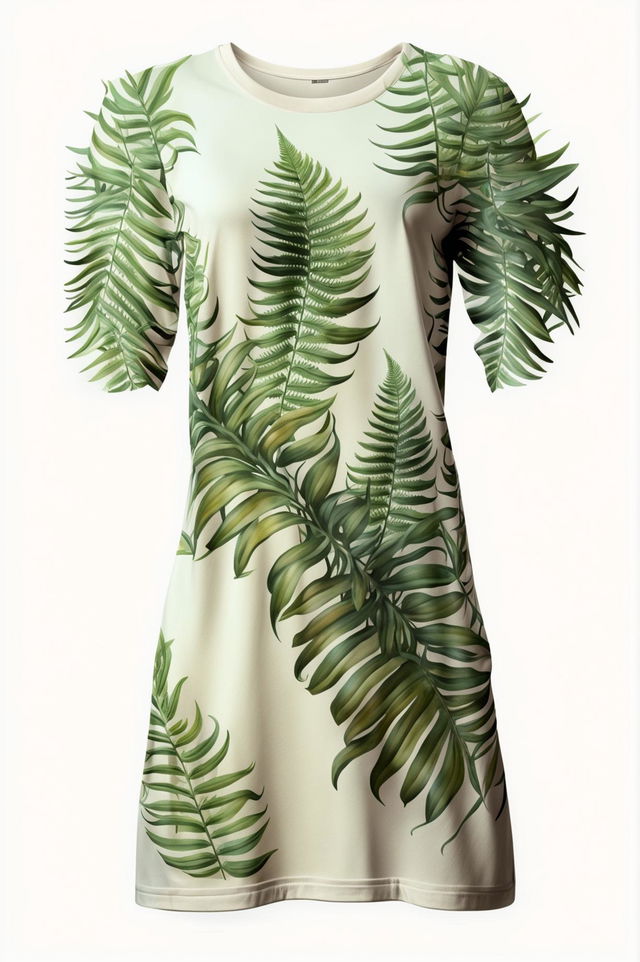 A high-quality digital art image of a graphic t-shirt dress with a detailed, lifelike fern print