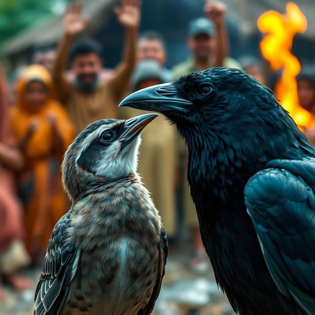 A close-up portrait of the small bird looking confidently at the crow, a slight smile playing on its beak