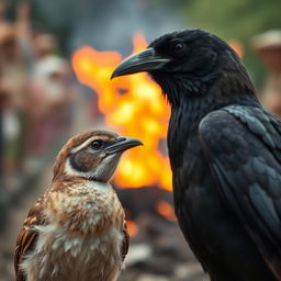 A close-up portrait of the small bird looking confidently at the crow, a slight smile playing on its beak