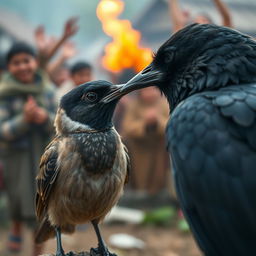 A close-up portrait of the small bird looking confidently at the crow, a slight smile playing on its beak