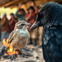 A close-up portrait of the small bird looking confidently at the crow, a slight smile playing on its beak