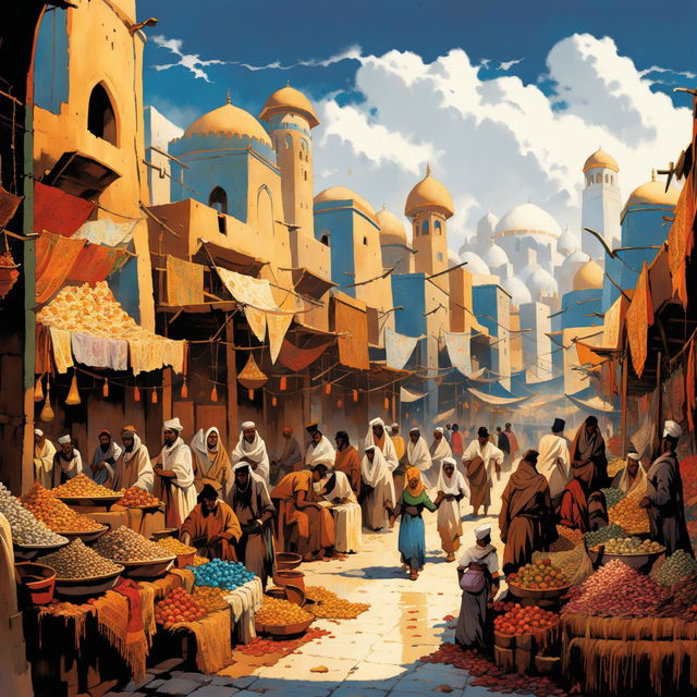 A digital art image of a bustling marketplace in an ancient desert city, filled with colorful stalls and exotic goods