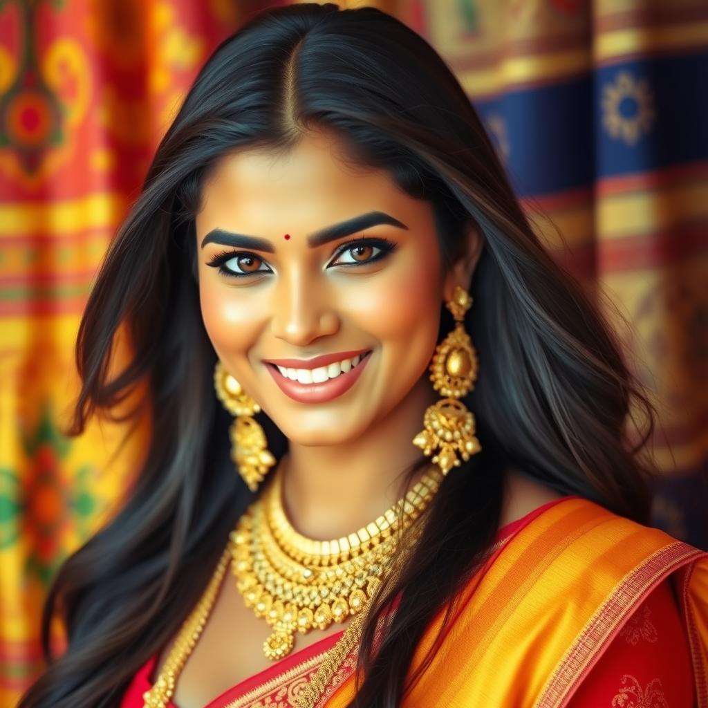 A captivating portrait of a hot Indian woman with an alluring smile, dressed in elegant traditional attire