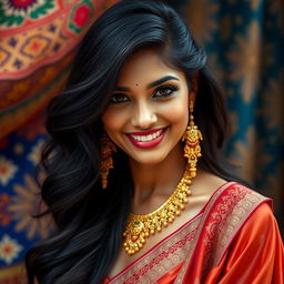 A captivating portrait of a hot Indian woman with an alluring smile, dressed in elegant traditional attire