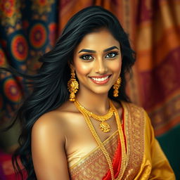 A captivating portrait of a hot Indian woman with an alluring smile, dressed in elegant traditional attire
